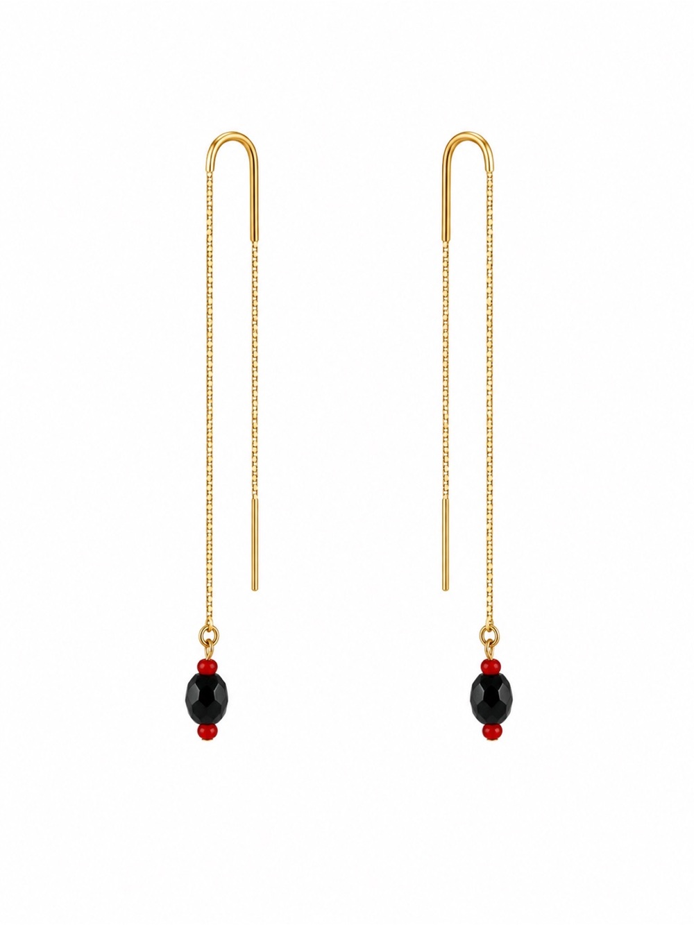 Gold Threader Earrings with Black and Red Beads